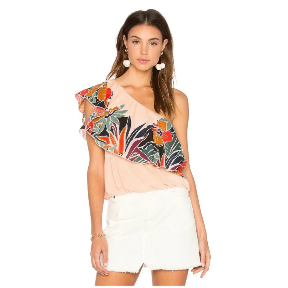 FREE PEOPLE Peach Annka Tencel Linen Knit Floral Ruffle One Shoulder Top
